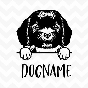 May include: Black and white silhouette of a dog peeking over a sign with the text "DOGNAME" underneath.