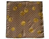 Pocket square by Les Copains. Made in Italy. Silk Hanky. Polka dots motif on light brown background. Ancient coins motif. Signed Hanky.