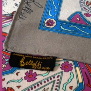 Foulard Vintage En Soie Bellotti 90x90 Cm - Bleu Et Rose - Occasion En Très Bon état