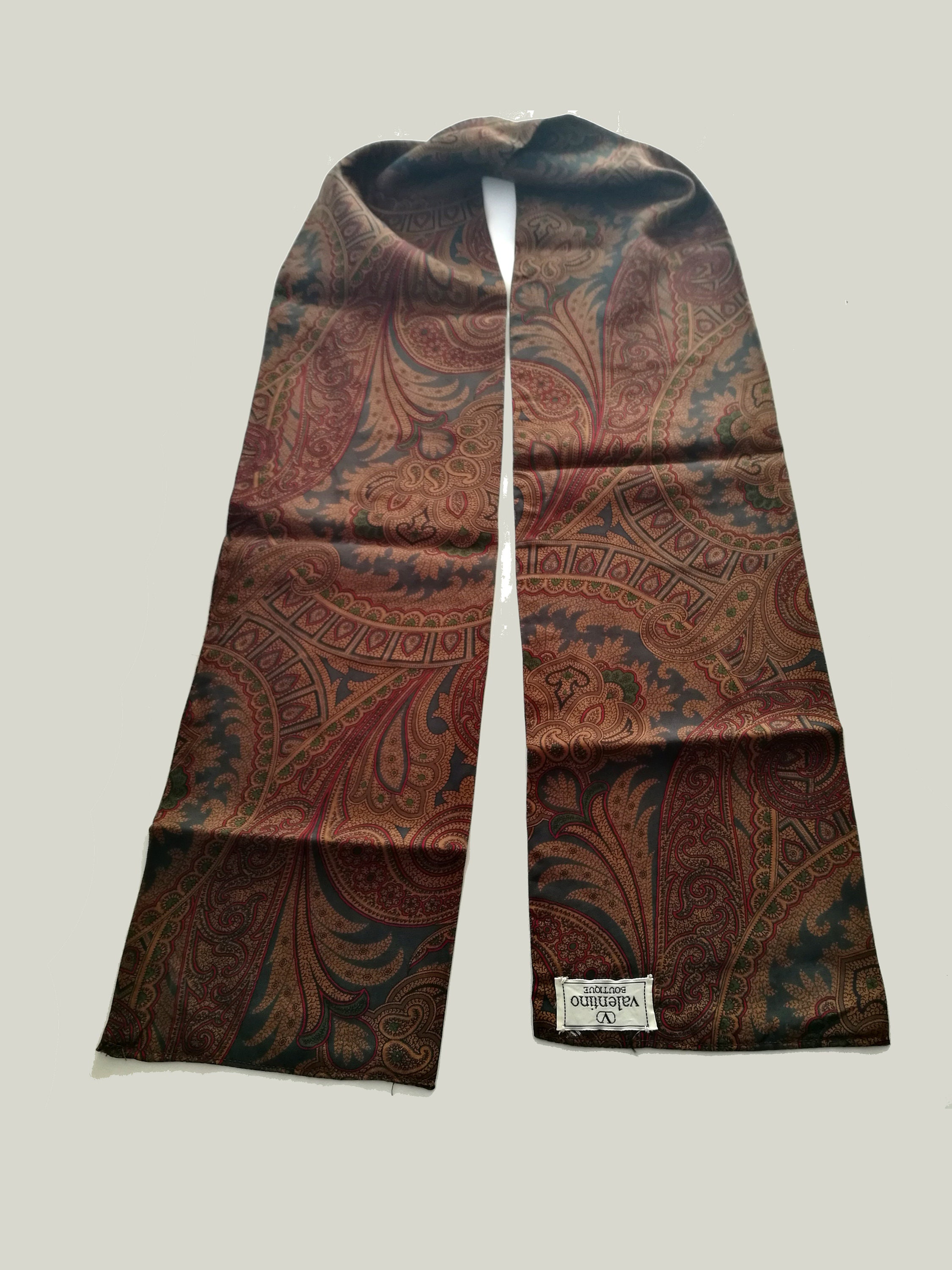 Long rectangular chiffon scarf ascot 70s brown tan teal stripe 60