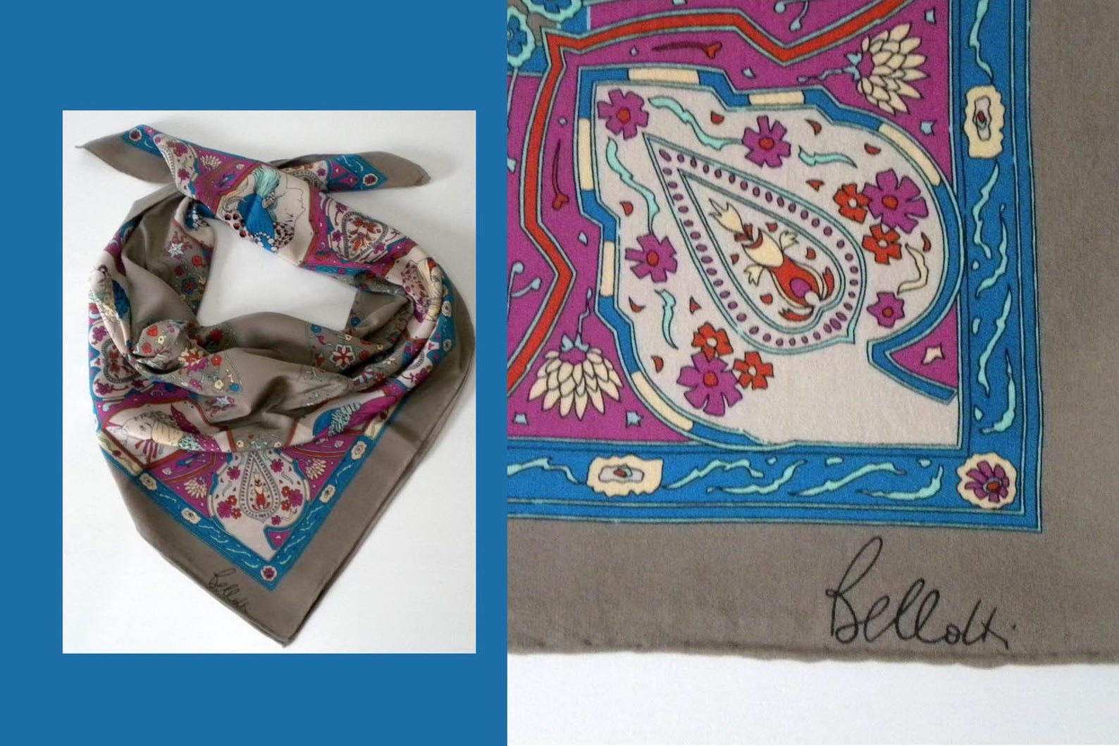 Foulard Vintage Ferruccio En Soie 100% - Motif Géométrique Multicolore, Fait Main Italie