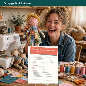 May include: A fabric doll with yellow yarn hair and a patchwork outfit made of various floral and checkered fabric squares. The doll is displayed alongside a printed instruction sheet titled Scrappy Person Doll Pattern.