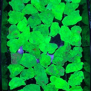 Puede incluir: Un recipiente negro lleno de numerosas rocas verdes brillantes de forma irregular. Las rocas tienen una superficie texturizada y tamaños variables. El color verde vibrante sugiere un mineral o gema único.