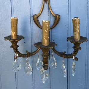 Antique French Empire Style Brass & Crystal 3-Branch Wall Sconce