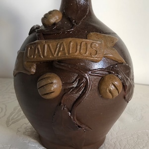 Vintage French Stoneware Calvados Jug: Carved Face Stopper, Normandy Decor