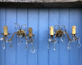 French Crystal Wall Sconces: Louis Philippe Style Twin Arm Lights