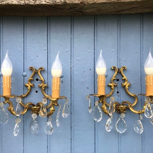 French Louis XV Style Crystal Wall Sconces - Gilded Bronze Pair