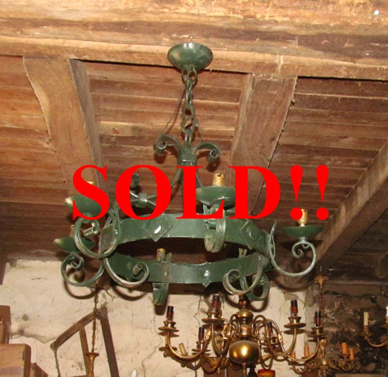 French vintage original and rustic medieval style hand forged 6 arm farmhouse chandelier,One off design SOLD ! for restoration rewire