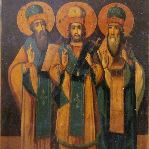 Incroyable icône orthodoxe russe antique authentique du 19 e s. représentant les 3 saints vers la fin des années 1800 encadrée et en excellent état de collection