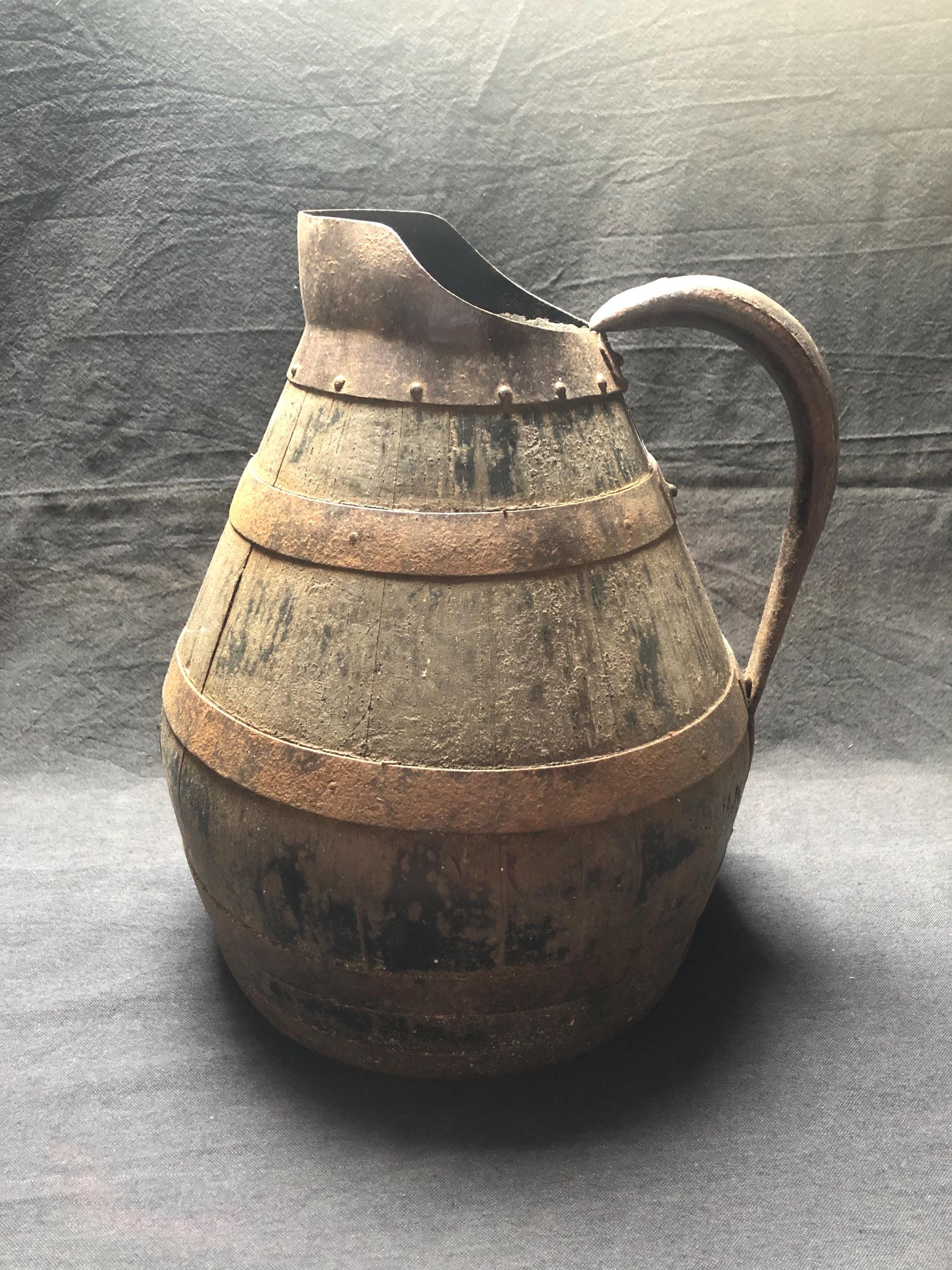 Antique French Large Wooden Wine Cider Jug Pitcher Staved Wood Metal  Burgundy region, circa early 1900s.