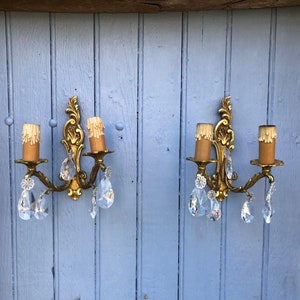 Vintage French Rocaille Brass Wall Sconces with Crystal Droplets