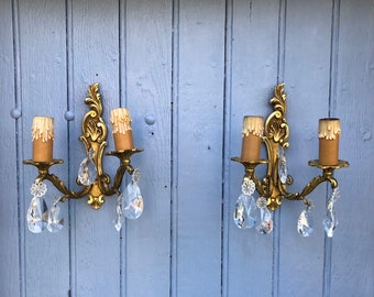 Vintage French Rocaille Brass Wall Sconces with Crystal Droplets
