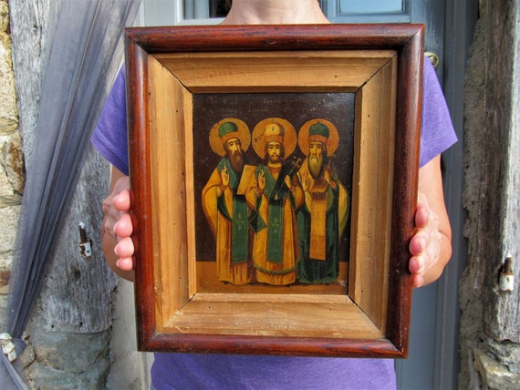 Antique Russian Orthodox Icon, 3 Saints, 1890s Wood Panel - Etsy