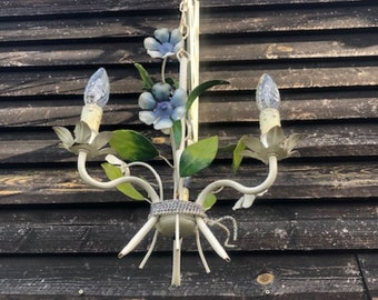 French flowers  chandelier pendant light 3 arm vintage floral bouquet adorable blue and green theme shabby vintage country kitchen style