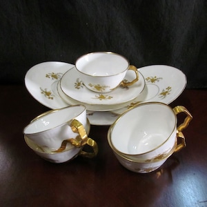 Antique Limoges Porcelain Coffee Cups: Gold Floral, Ribbon Handle, Set of 5