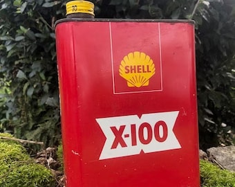 Shell X100 viejo aceite francés estaño shell bidon huile x100 publicidad hombre cueva retro vintage garaje