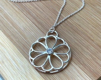 Sterling Silver Flower Necklace, Daisy Charm Necklace, Cubic Zirconia, Floral Jewelry, Bridesmaid Gift, Flower Girl Jewelry, Jewelry Gift