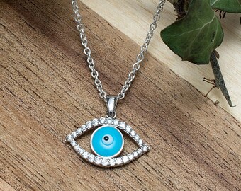Sterling Silver Evil Eye Necklace, Protection Necklace, Good Luck Pendant Necklace, Minimalist Necklace, Christmas Gift, Layered Necklace