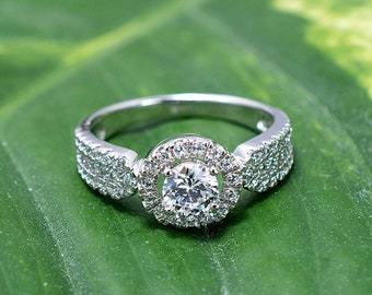Size 7 Halo Engagement Ring, Sterling Silver CZ Engagement Ring, Art Deco Engagement Ring, Lab Diamond Ring, Anniversary Ring for Wife