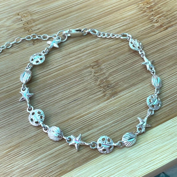 Starfish, Sand Dollars, Seashells, Adjustable Anklet, Nautical Ankle Bracelet, Beach Anklet for Women, Sterling Silver Chain Anklet, Unique