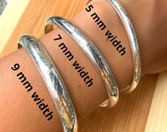 Sterling Silver Bangle Bracelet, Bracelet with Safety Chain, Stackable Bangle, Hinged Bracelet 5mm 7mm 9mm, Gift for Mom, Christmas Gift
