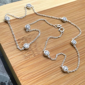 Diamond by the Yard Necklace, Sterling Silver Station Necklace, Bezel Cubic Zirconia, Diamond Necklace, Sapphire Necklace, Blue CZ Necklace