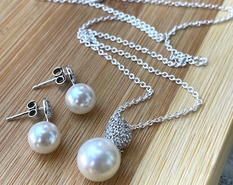 Sterling Silver Pearl Jewelry Set, Pearl Necklace Earrings Set, Bridal Pearl Set, Bridesmaid Gift, For Wedding Day, Freshwater Pearl Jewelry