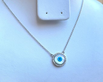 Sterling Silver Evil Eye Necklace, Protection Necklace, Good Luck Pendant Necklace, Minimalist Necklace, Christmas Gift, Layered Necklace