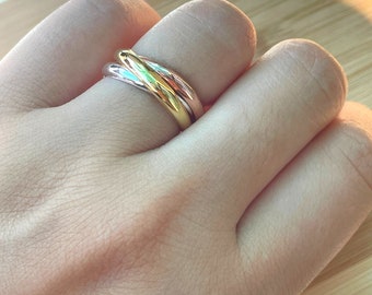Three Tone Rolling Ring, Women's Spinning Ring, Russian Ring, Rose Gold, Interlocking Ring, Rolling Band, Christmas Gift, Stocking Stuffer