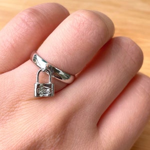 Padlock Ring, Size 6 Silver Love Ring, Promise Ring, Dainty Ring, Sterling Silver Dangle Ring, Lock Jewelry, Valentine&#39;s Day Gift, Christmas