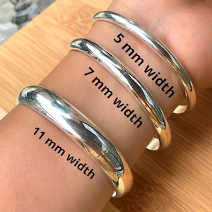 Sterling Silver Bangle Bracelet for Women, Plain Silver Bangle with Safety Chain, Choose Width 5mm 7mm 11mm, Gift for Mom, Best Friend Gift