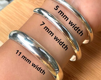 Sterling Silver Bangle Bracelet for Women, Plain Silver Bangle with Safety Chain, Choose Width 5mm 7mm 11mm, Gift for Mom, Best Friend Gift