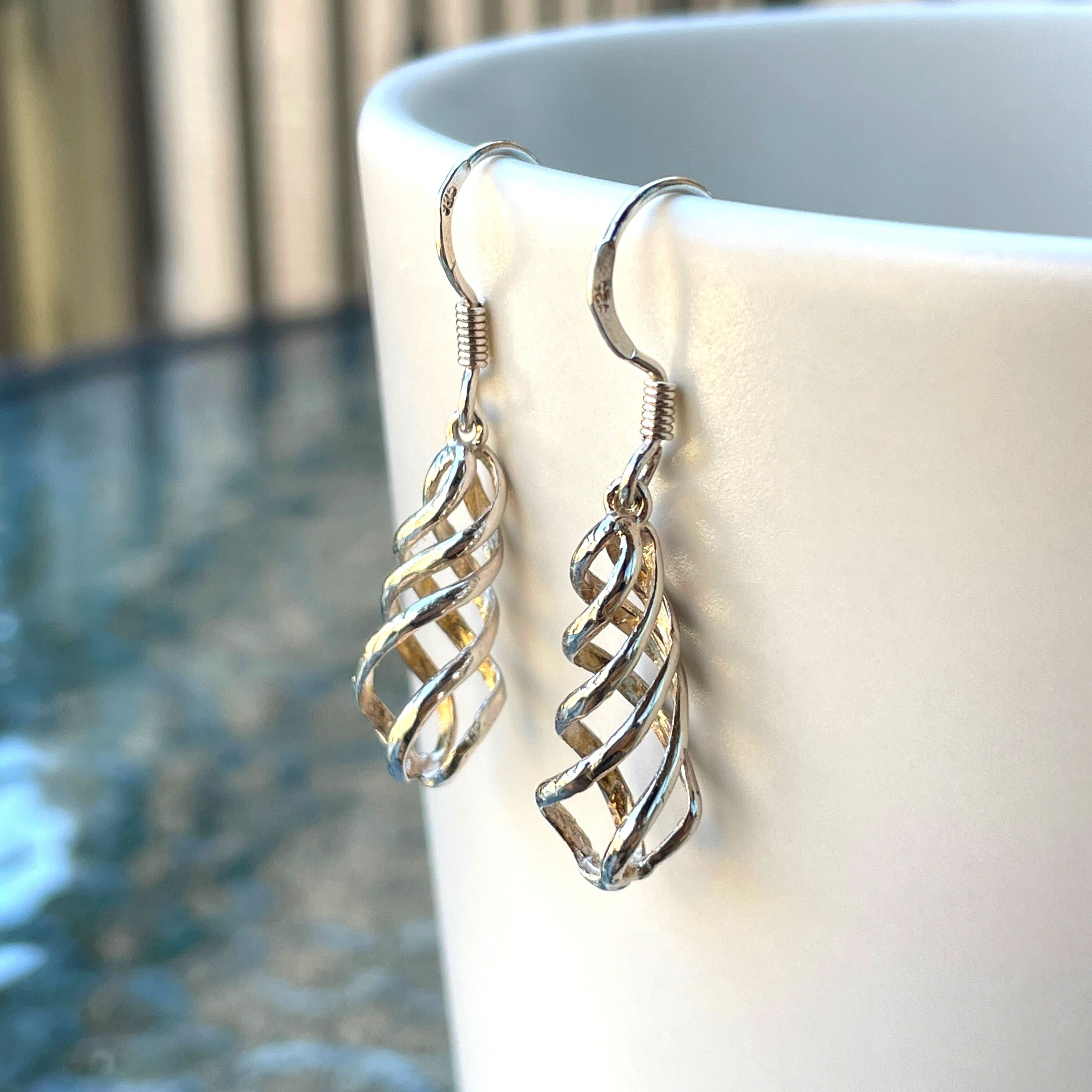 Silver Spiral Swirl Lightweight Metal Dangling Earrings 2 inch Hanging Dangle