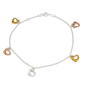 Heart Anklet Sterling Silver, Gold Charm Anklet, Rose Gold Heart Anklet, Dainty Anklet, Minimalist Anklet, Three Tone, Chain Anklet for Her