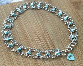 Sterling Silver Ankle Bracelet for Women, Heart Anklet Silver, Boho Anklet, Hippie Anklet, Bohemian Anklet, Beach Anklet, Summer Jewelry