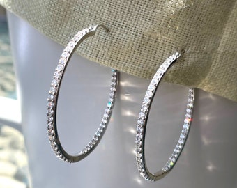 Large CZ Hoop Earrings, Inside Out Hoops, Sterling Silver Hoops, 40mm, 35mm,  25mm, 20mm, Prong Set, Cubic Zirconia Hoop, Christmas Gift