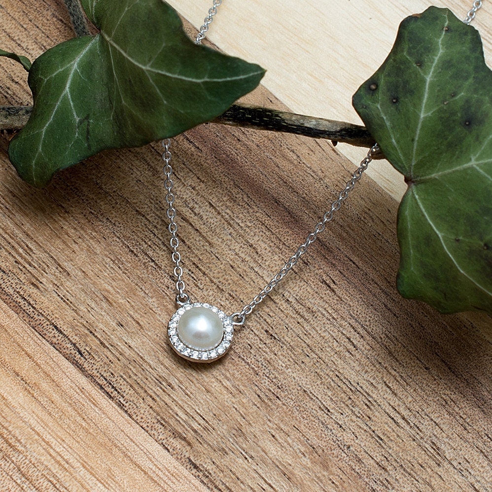Sterling Silver White Pearl Necklace, Halo Pearl, Wedding