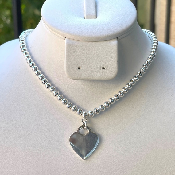 4mm Sterling Silver Beads Necklace, Heart Tag Pendant, Beaded Chain Necklace, Layered Necklace, Christmas Gift, Gift for Mom, Beads Link