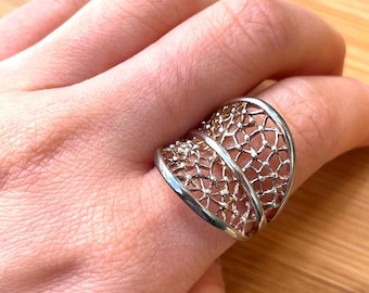 Sterling Silver Statement Ring, Size 9 Ring, Thumb Ring, Sterling Silver Lace Ring, Wide Ring for Women, Birthday Gift, Unique Ring