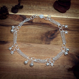 Sterling Silver Bells Anklet, Ankle Bracelet for Women, Double Chain Anklet, Summer Anklet Silver, Bohemian Ankle, Birthday Gift, Gift Idea