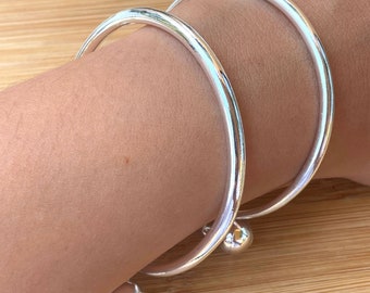 Sterling Silver Adjustable Bracelet, Bangle with Bell Charms, Solid Silver Bangle Bracelet for Women, Mother's Day Gift, Stackable Bangle