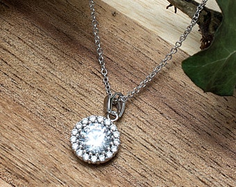 Halo Pendant Necklace, Sterling Silver CZ Necklace, Simulated Diamond Charm Necklace, Dainty Necklace, Bridal Necklace, Birthday Gift