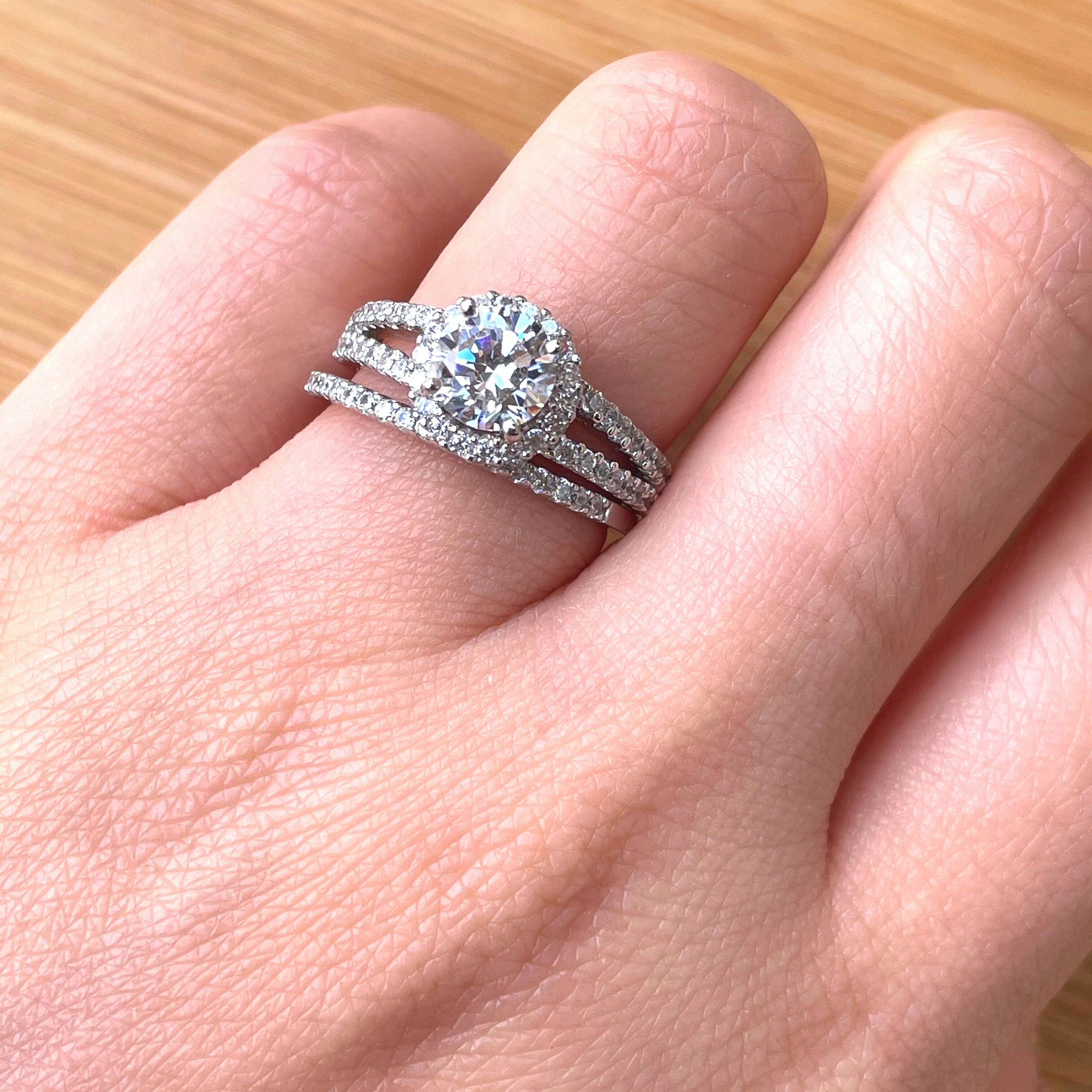 SIZE 7 Sterling Silver Engagement Ring Set Bridal Wedding Etsy UK