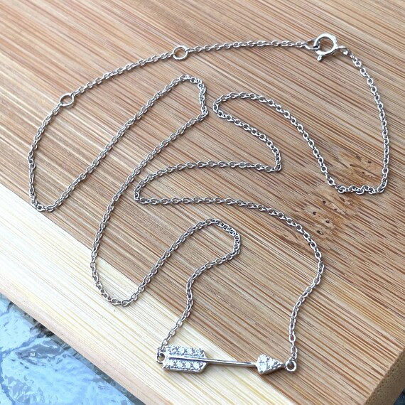 Silver CZ Sideways Arrow Necklace, Dainty Silver CZ Arrowhead Pendant 16 inches, Sterling Silver Stackable Arrow Charm Necklace for Her
