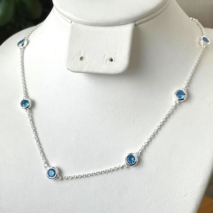 Diamond by the Yard Necklace, Sterling Silver Station Necklace, Cubic Zirconia, Diamond Necklace, Aquamarine Necklace, Blue CZ Necklace