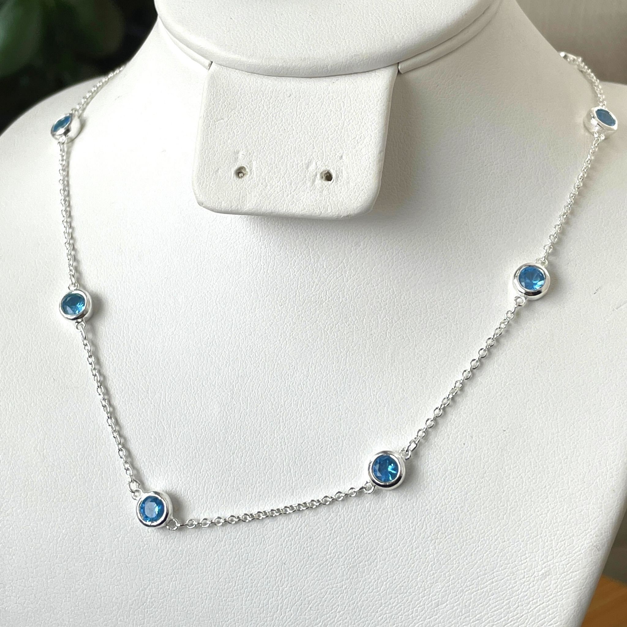 Diamond by the Yard Necklace Sterling Silver Station Necklace Cubic Zirconia Diamond Necklace Aquamarine Necklace Blue CZ Necklace Etsy