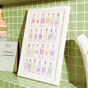 レトロなワインボトルアートプリント | 食べ物と飲み物のイラスト | バーカートの装飾 | マキシマリストキッチンアートポスター | すぐにダウンロード
