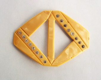 Yellow Art Deco Celluloid Belt Slide Buckle w/Rhinestones Scarf Dress Accessory