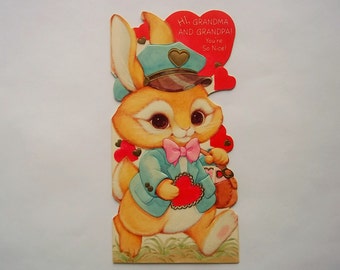 Vintage Valentine's Day Card for Grandparents -used- 1977 without envelope Bunny Delivering Mail Bunny Mailman, Scrapbook Art Supply