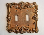 Vintage Double Toggle Light Switch Plate Cover Brass Gold Tone Ornate Roses and Swirls Metal Switchplate 1967 American Tack Hardware Co